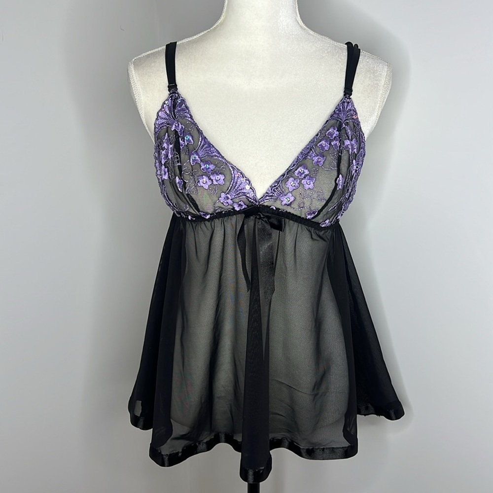 Sheer Black Babydoll Lingerie Purple Floral Embroidered Mesh Chemise Size M